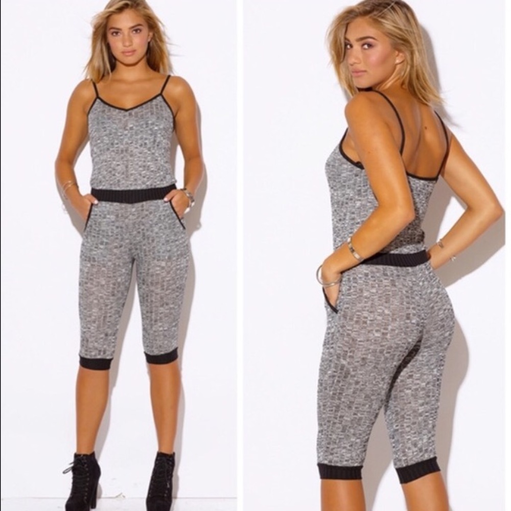 GRAY RIBBED KNIT CROPPED jumpsuit romper